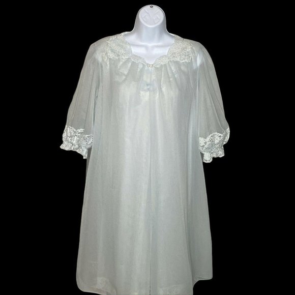 Vtg Vanity Fair Pale Blue Sheer Set Small Nylon Lace Chiffon 60s Robe Nightgown - Picture 1 of 9
